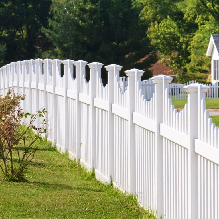 White vinyl scalloped picket fence in a residential front yard